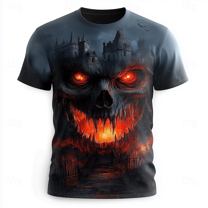Halloween Men's Skull 3D Flame T Shirt Short Sleeve T shirt 3D Print Crew Neck Shirt Exaggerated Designer Horror Party Street Casual Black White Red Summer Spring All Seasons Clothing Apparel S M L2