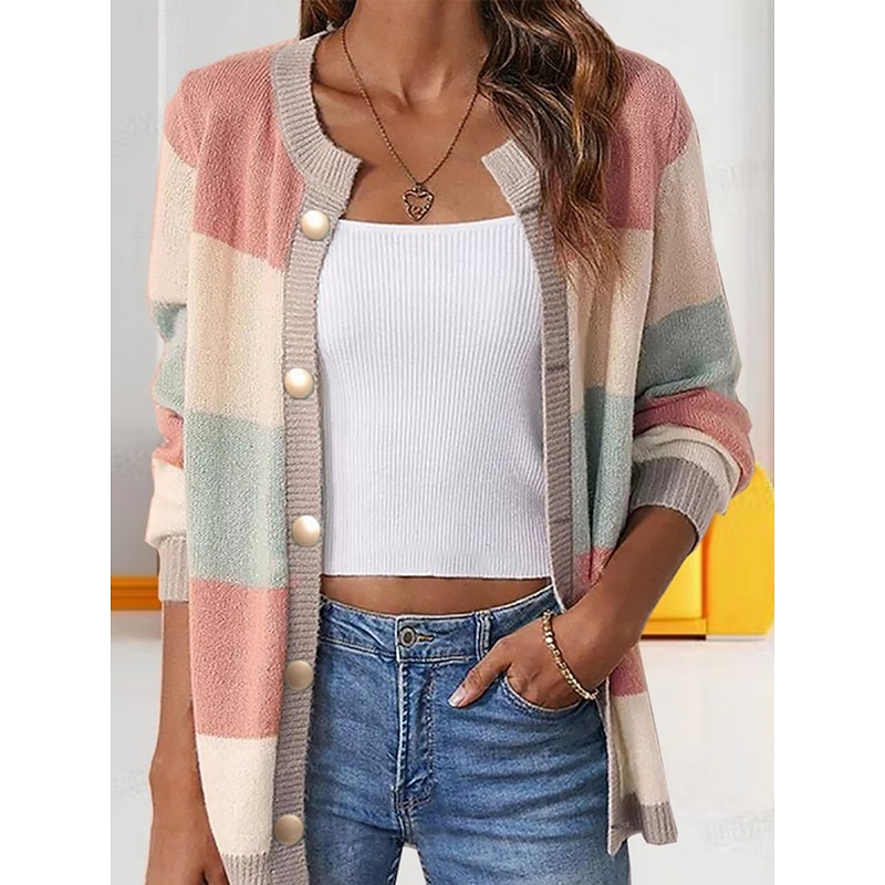 Women's Cardigan Daily Stylish Vintage Style Geometric Ribbed Crew Neck Buttons Knitted Print Long Sleeve Regular Tops Knit Outdoor Daily Pink Blue Fall Winter2