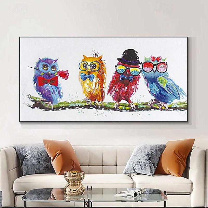 Funny Designed 4 Birds Friend Oil Painting on Canvas Artist Hand Painted Funny  Loverly Animal Oil Painting for Living Room3