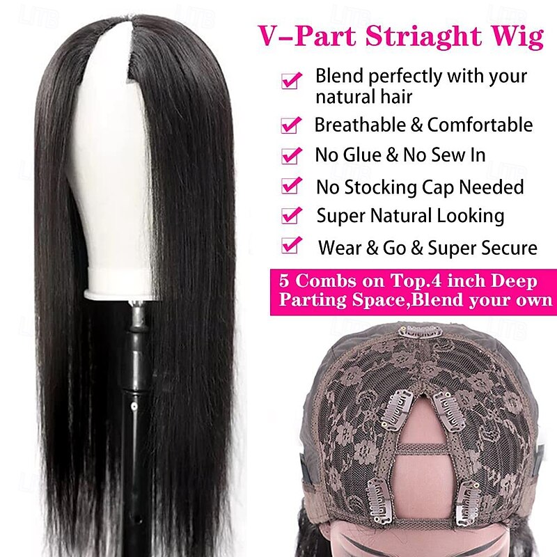 V Part Wigs Human Hair Straight Brazilian Human Hair Wigs for Black Women Upgrade U Part Wigs No Sew in NO Glue Half Wigs Human Hair 180% Density Natural Color3