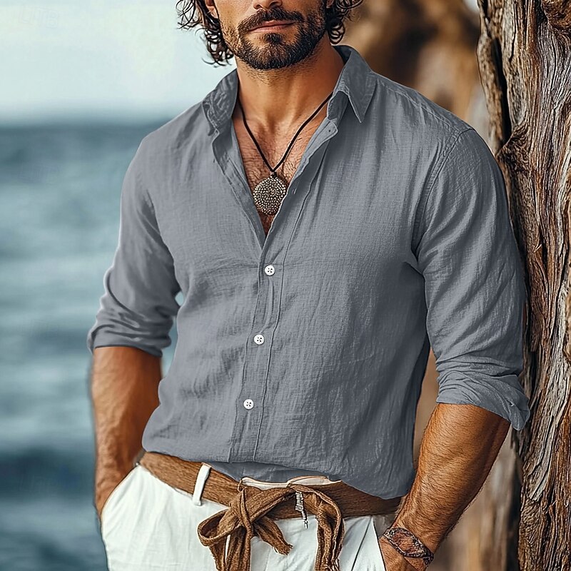 Men's Shirt Linen Shirt Summer Shirt Beach Wear Button Up Shirt Plain Vacation Casual Black White Khaki Gray Long Sleeve Turndown Summer Spring Clothing Apparel2