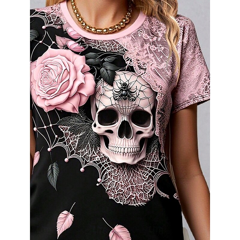 Halloween Women's T Shirt Skulls Floral Graphic Vintage Stylish Classic Short Sleeve Crew Neck Regular Tops Daily Weekend Print Pink Purple Gray Summer Spring Fall3
