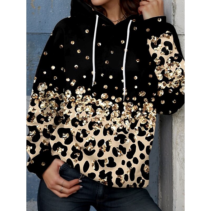 Women's Hoodie Pullover Sweatshirt Oversized Long Sleeve Casual Graphic Leopard Warm Active Hooded Regular Tops Street Dailywear Print Brown Spring Fall Winter