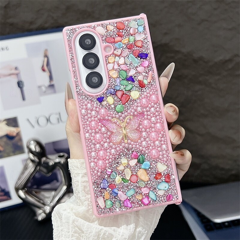 Phone Case For Samsung Galaxy Z Fold 7 Z Fold 6 Z Fold 5 Z Fold 4 Back Cover with Lanyard Bling Glitter Shiny Shockproof Butterfly Retro PC3