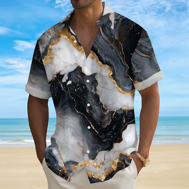 Men's Marble Abstract Liquid Art Shirt Summer Shirt Button Up Shirt Short Sleeve Fashion Casual Outdoor Vacation Dailywear Summer Spring Turndown 3D Print Collared Shirts Front One Pocket Dark Blue