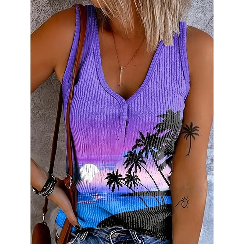 Women's Camisole Tank Top Floral Graphic Leaf Bohemia Vintage Stylish Sleeveless V Neck Regular Tops Daily Print Purple Summer Spring