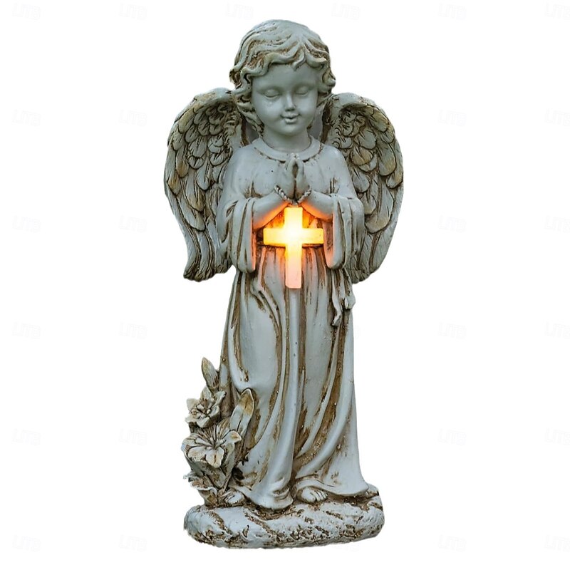 1 Pc Outdoor Solar Waterproof Cross Prayer Angel Cemetery Light Courtyard Lawn Monument Resin Light Decorative Light Landscape Light3