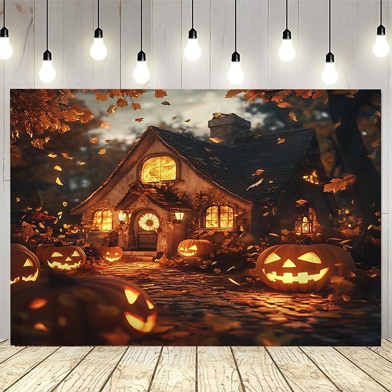Halloween Pumpkin Lantern Abandoned House at Night Landscape Hanging Tapestry Mural Art Large Tapestry Mural Decoration Photos Background Carpet Curtains Home Bedroom Living Room Decoration2