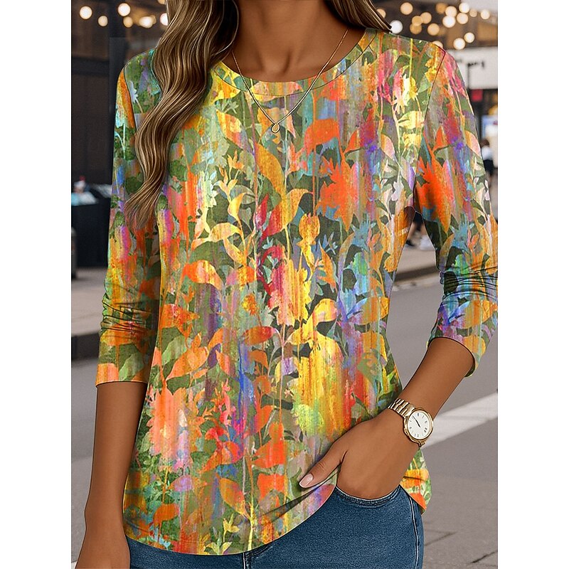 Women's T shirt Crew Neck Long Sleeve Tunic Floral Graphic Casual  Round Neck Regular Tops Daily Print Yellow Purple Green Fall