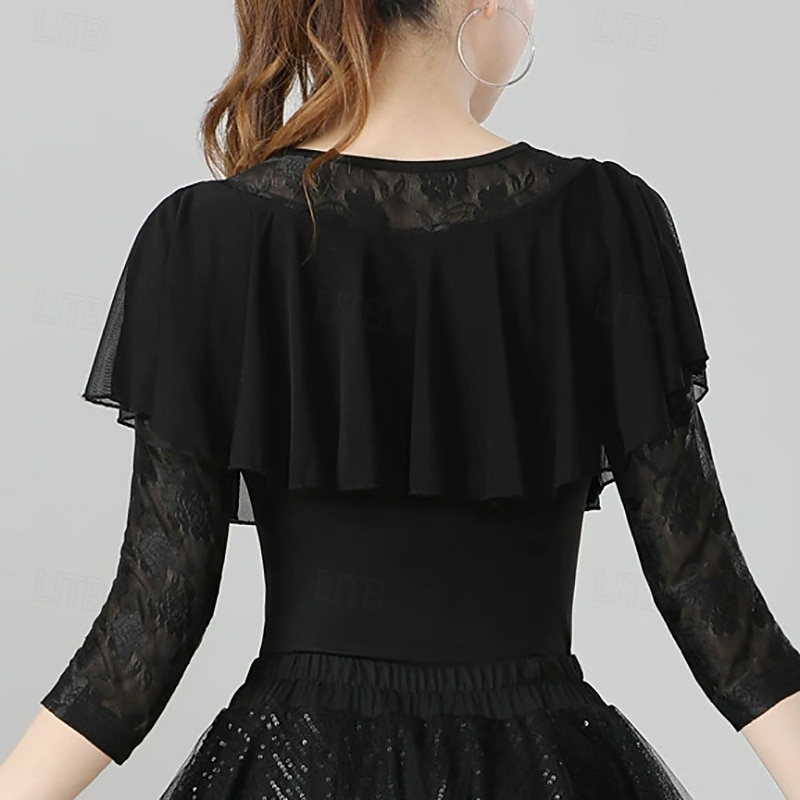 Latin Dance Top Lace Pure Color Splicing Women's Performance Training 3/4 Length Sleeve High Polyester4