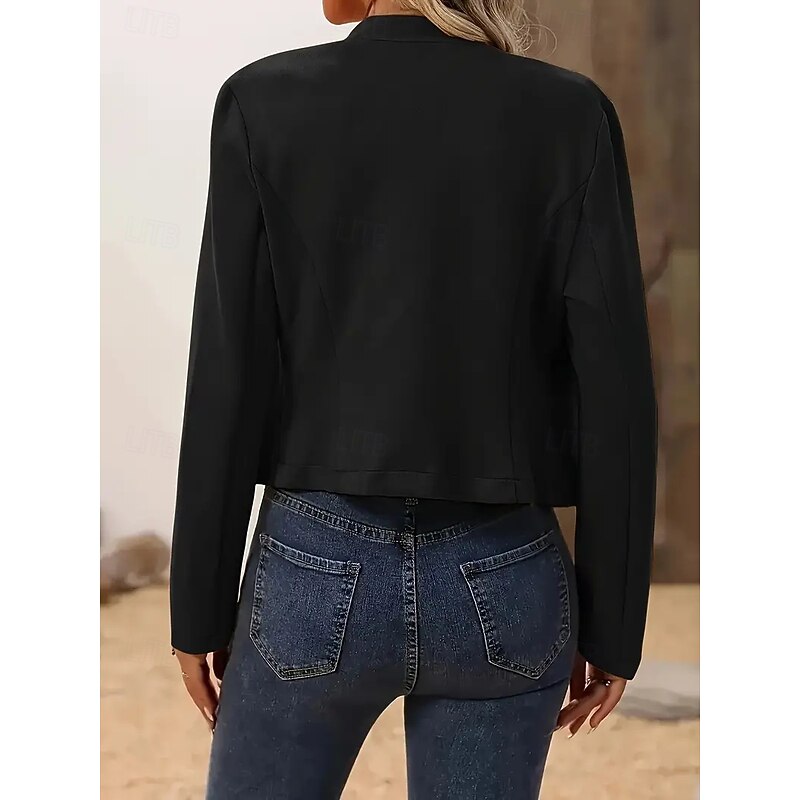 Women's Blazer Comfortable Breathable Buttons Fashion Modern Plain Work Daily Regular Stand Collar Regular Fit Long Sleeve Outerwear Black Spring Fall4