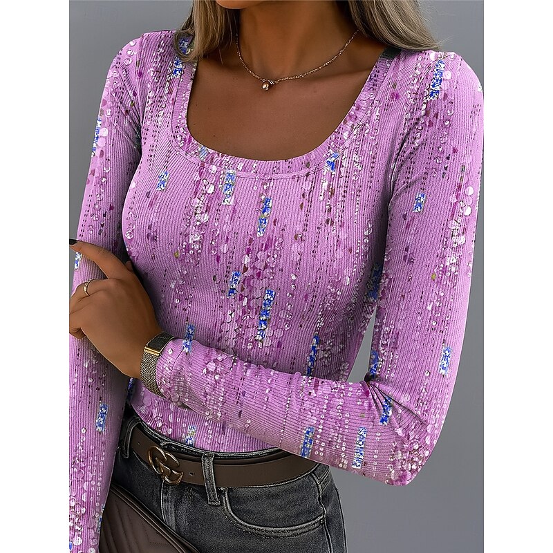 Women's T Shirt Ribbed Graphic Square Neck Long Sleeve Casual Ombre Abstract Vintage Stylish Regular Tops Daily Going out Weekend Print Pink Blue Purple Green Spring Fall4