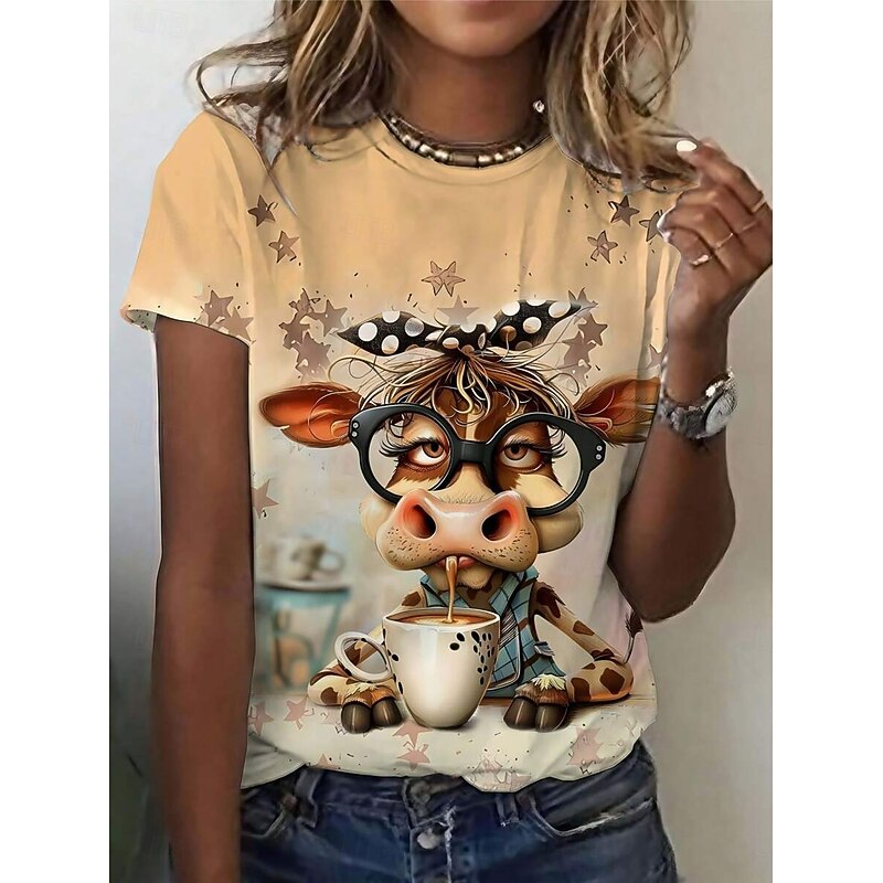 Women's T Shirt Graphic Animal Cow Vintage Stylish Classic Short Sleeve Crew Neck Round Neck Regular Tops Daily Weekend Print Yellow Summer Spring3