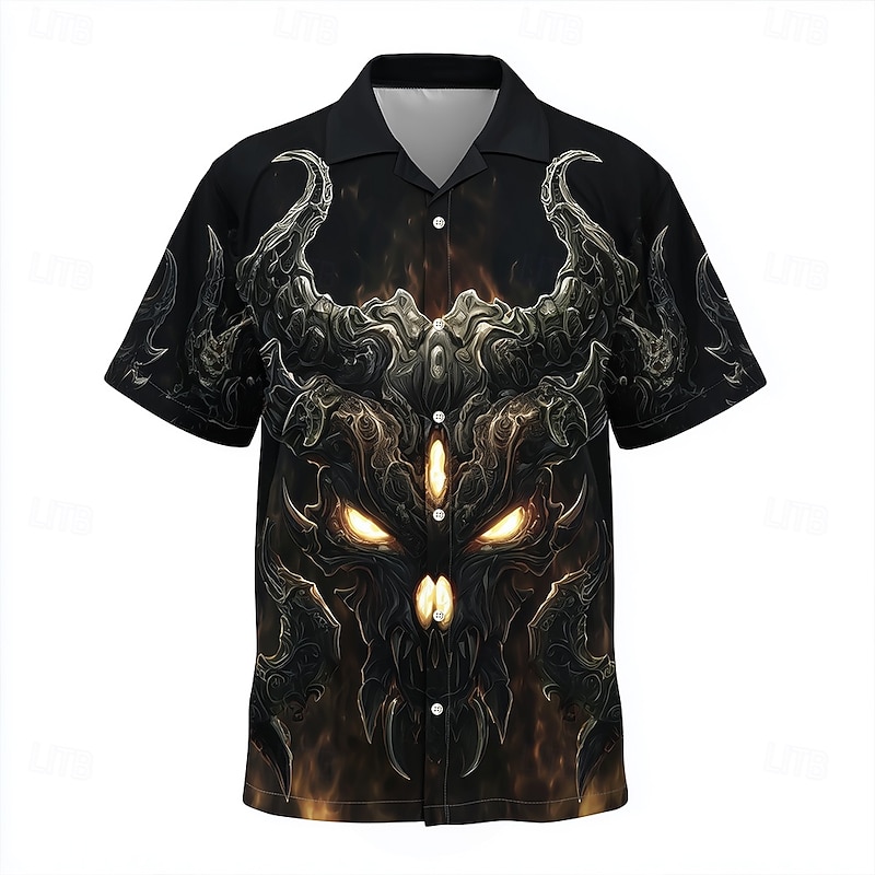 Men's Devil Flame Halloween Costumes Shirt Cuban Collar Shirt Button Up Shirt Short Sleeve Dark Punk Gothic Style Holiday Streetwear Summer Camp Collar Shirt 3D Print Black 1 Black Black 2