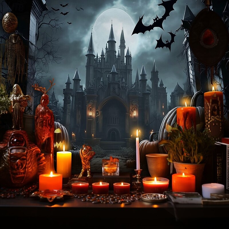 Halloween Gothic Castle Wall Tapestry – Spooky Night Scene with Pumpkins and Bats, Horror Haunted Castle Backdrop for 2025 HALLOWEEN Living Room, Bedroom, Party Decoration4