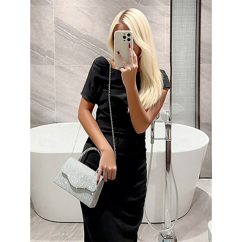 Women's Silver Glitter Handbag with Rhinestone Handle – Elegant Evening Shoulder Bag for Parties, Weddings and Cocktail Events2