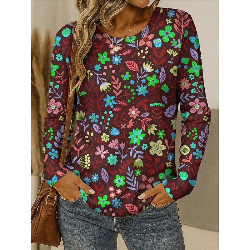 Women's T shirt Crew Neck Long Sleeve Tunic Floral Graphic Plants Vintage Stylish Classic  Round Neck Regular Tops Daily Print Red Blue Purple Brown Green Fall4