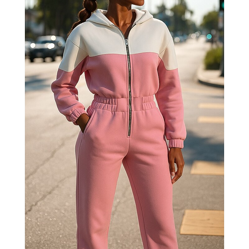 Women's Tracksuit Sweatpants Hooded Jacket Hooded Zipper Pocket Color Block Clothing Suit Fall & Winter Black Pink Gym Training Running Windproof Long Sleeve Sport Activewear Micro-elastic Loose Fit3