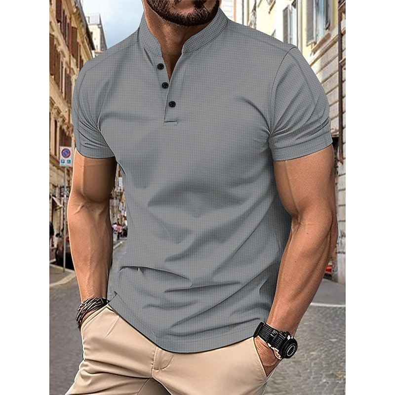 Men's Polo Shirts Collarless Golf Shirts Casual Stand Collar Short Sleeve Basic Comfortable Plain Buttons Summer Spring Regular Fit Black White Navy Blue Gray Polo Shirts