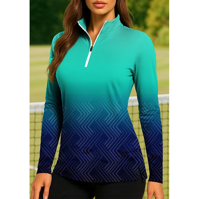 Women's Geometric Gradient Tops Golf Polo Shirt Tennis Shirt Long Sleeve Print Quarter Zip Pullover UV Protection Elastic Breathable Tennis Golf Pickleball Stand Collar Zip Collar Shirt Polo Blue3