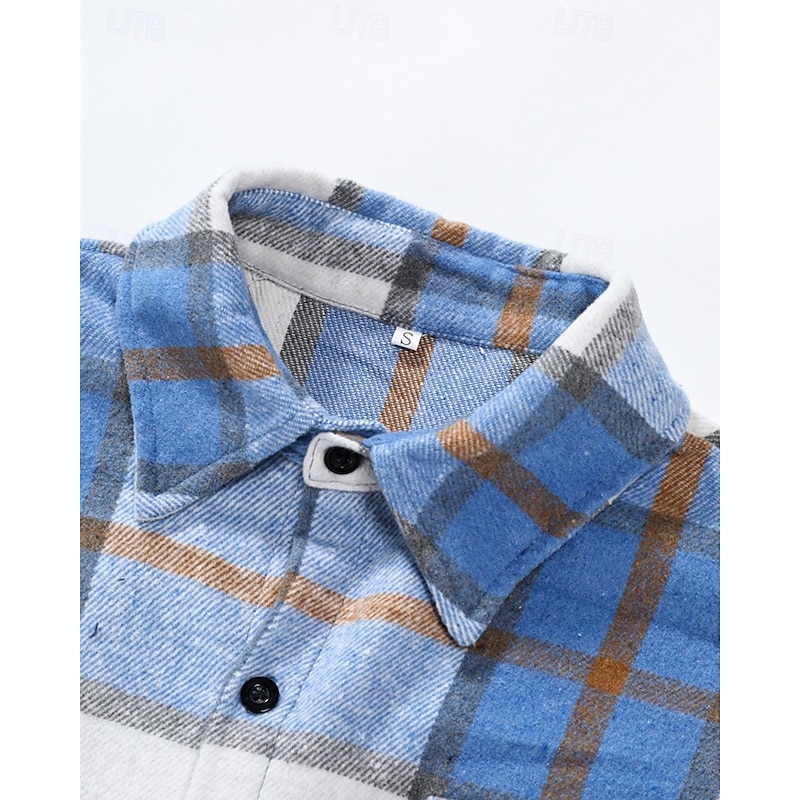 Men's Lightweight Jacket Shirt Jacket Casual Jacket Shacket Vacation Daily Breathable Pocket Spring Fall Plaid Fashion Classic Lapel Regular Blue Khaki Jacket4