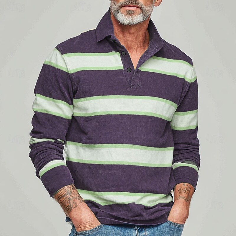 Men's Horizontal Stripes Rugby Polo Long Sleeve Polo Shirts Collared Shirts Sportswear Casual School Outdoor Athleisure 3D Print Spring Fall Winter Blue Purple Green3