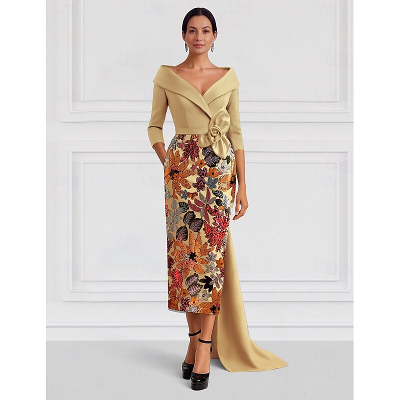 Gold Black A-Line Evening Gown Elegant Dress Formal Wedding Floor Length Half Sleeve Shirt Collar Satin with Slit Embroidery