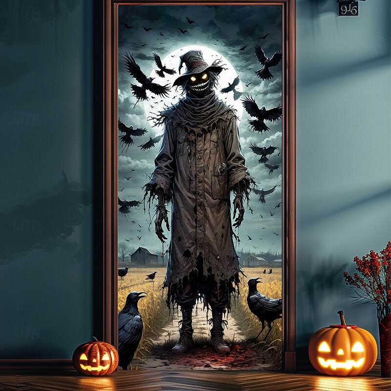 Halloween Door Covers Pumpkin Scarecrow Door Tapestry Door Curtain Decoration Backdrop Door Banner for Front Door Farmhouse Holiday Party Indoor Outdoor Decor Supplies4