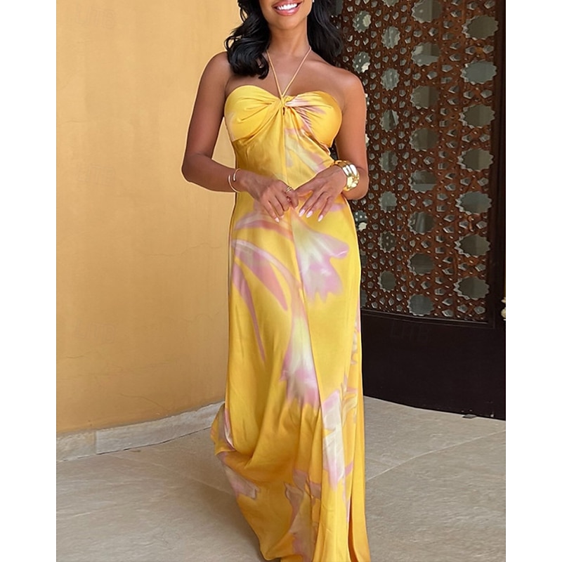Women's Long Dress Maxi Dress Halter Neck Dress Print Dress Fashion Modern Outdoor Vacation Holiday Regular Fit Flower Sleeveless Halter Neck Yellow Summer