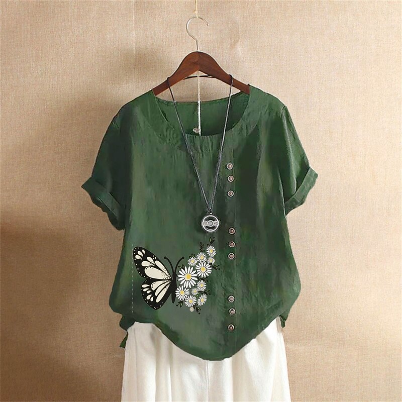 Women's Cotton Linen Shirts Animal Butterfly Elegant Vintage Tropical Short Sleeve Crew Neck Regular Tops Daily Holiday Vacation Wear Buttons White Army Green Navy Blue Blue Brown Summer Spring2