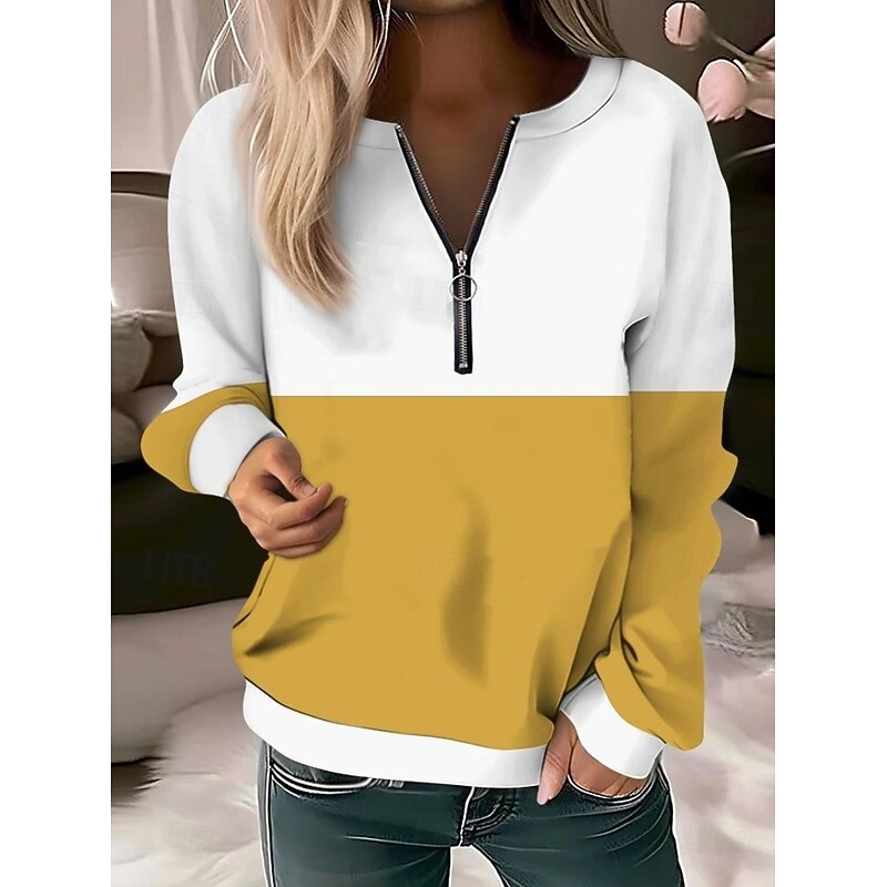 Women's Quarter Zipper Sweater Graphic Geometric Casual Long Sleeve Crew Neck Regular Tops Street Dailywear Half Print Black Yellow Pink Red Purple Fall Winter3