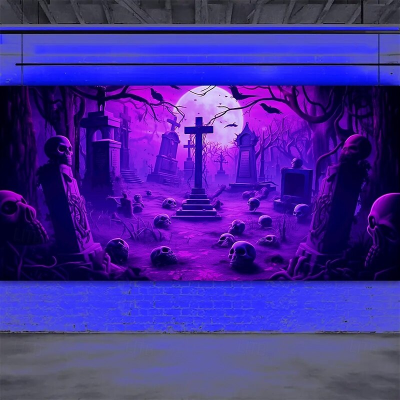 Halloween Garage Door Cover Neon Haunted Graveyard Banner, Glowing Blacklight Backdrop Decoration for Holiday Outdoor Garage Door and Home Wall, 2025 Halloween Decorations