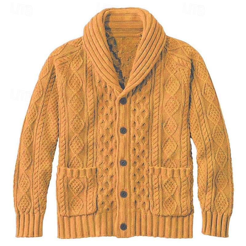 Men's Sweater Cardigan Sweater Cable Knit Regular Tops Button Up Plain Shawl Collar Vacation Fashion Casual Daily Wear Clothing Apparel Spring &  Fall Pink Pink S M L4