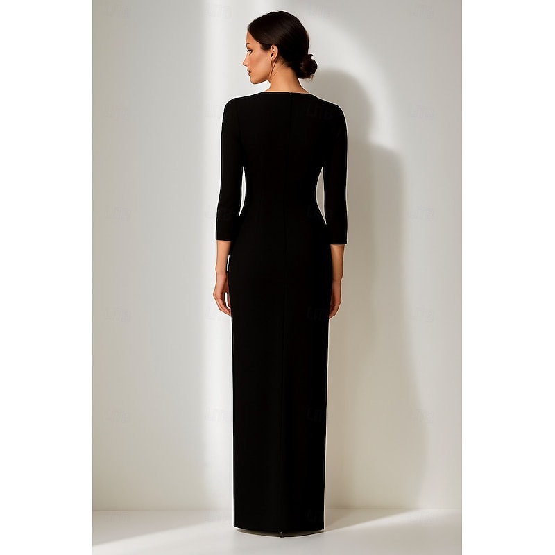 Black and White Sheath / Column Evening Gown Elegant Dress Formal Wedding Floor Length 3/4 Length Sleeve Square Neck Stretch Crepe with Floral Beaded Lace2