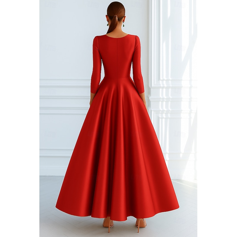 Tie A-Line Evening Gown Elegant Dress Formal Wedding Guest Floor Length 3/4 Length Sleeve V Neck Pocket Stretch Satin with Bow(s)2