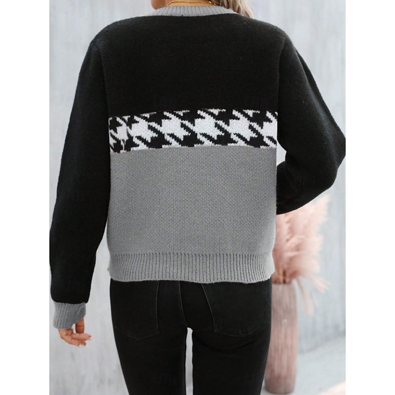 Women's Sweater Casual Soft Houndstooth Ribbed Crew Neck Knitted Long Sleeve Regular Tops Knit Outdoor Daily Weekend Pink Fuchsia Fall Winter3