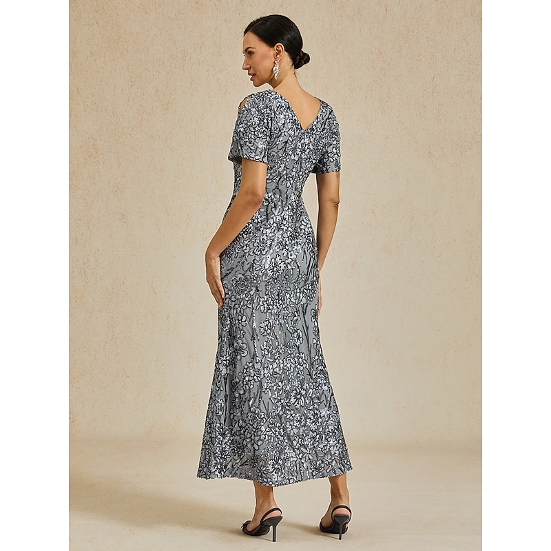 Women's Maxi Dress Sheath Dress Trumpet Mermaid Dress Elegant Party Cocktail Cold Shoulder Evening Party Cocktail Party Floral Short Sleeve V Neck Gray Summer Spring Fall Winter4