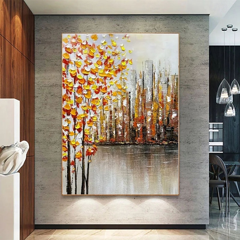Handmade Urban Autumn Canals oil painting Hand-Painted Oil painting  Warm Citrus Foliage Structured Cityscape Serene Water Reflections Dark Gray Frame Cozy Interior Accents picture3