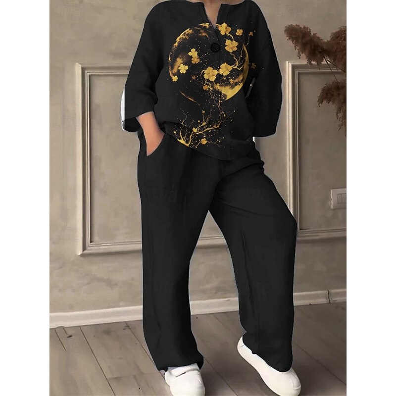 Women's Active Fashion Pants Sets Long Sleeve V Neck Floral Print Vacation Daily Holiday Black White Green Summer Regular Fit3
