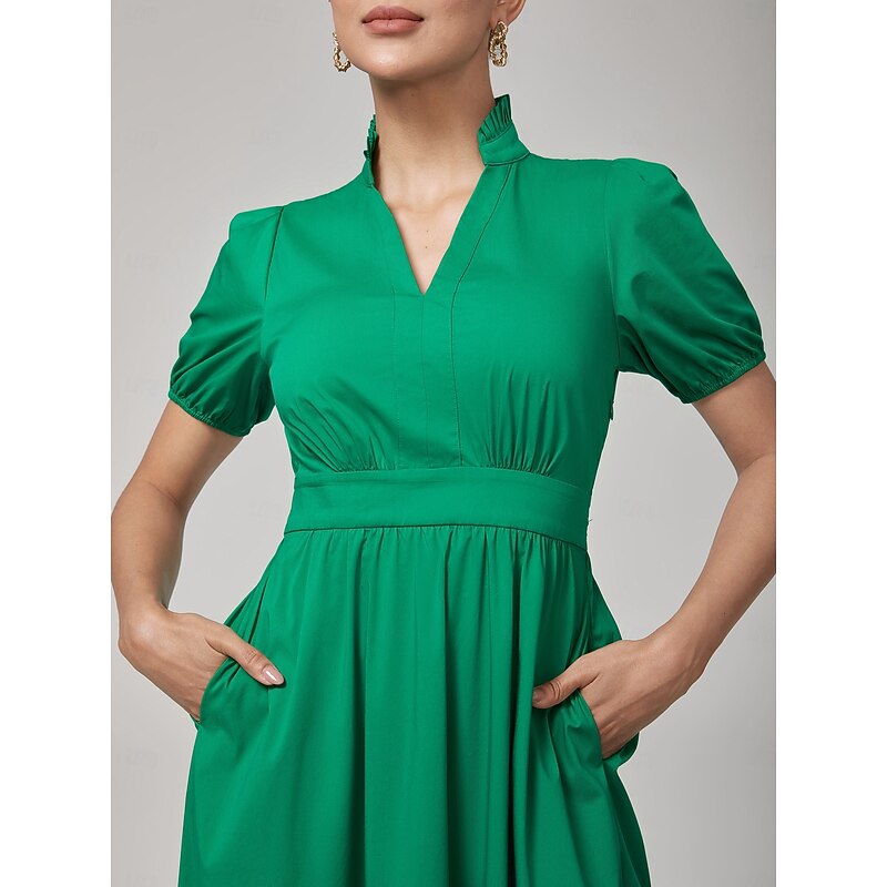 Deep Moss Green Cotton Puff Sleeve Dress3