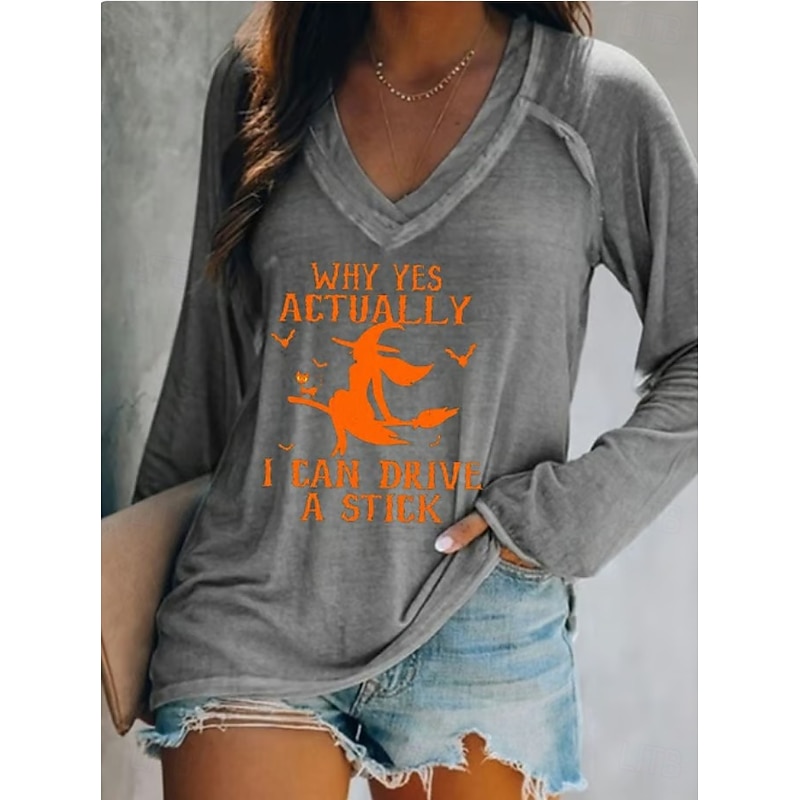 Halloween Women's T shirt Witch Long Sleeve V Neck Long Sleeve Graphic Casual Letter Vintage Stylish Western Tops Daily Weekend Vacation Wear Print Black White Pink Navy Blue Blue Spring Fall Prefall3
