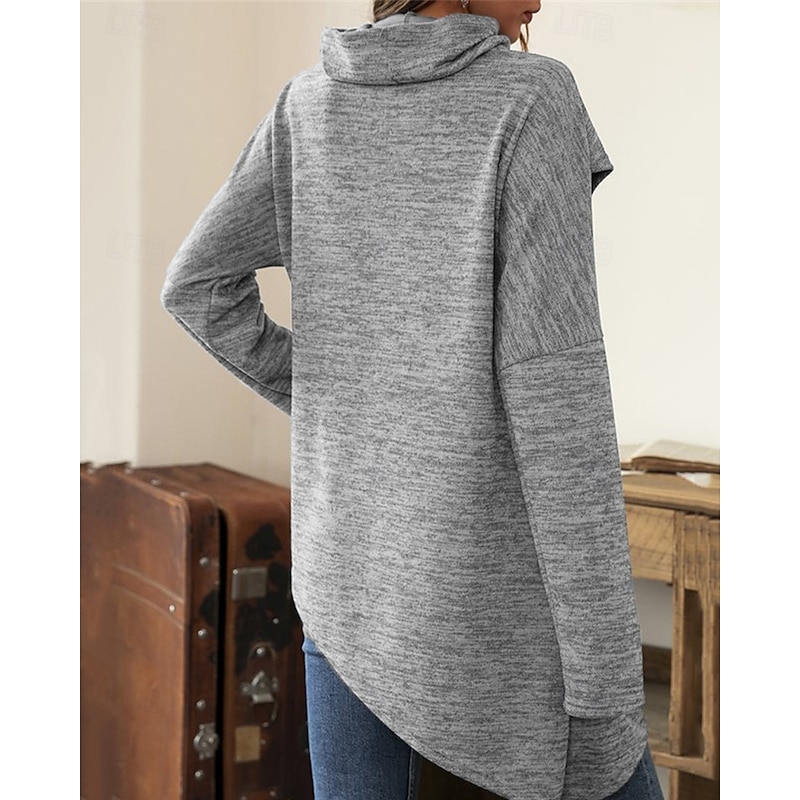 Women's Sweater Pullover Fashion Daily Casual Solid Color Ribbed Cowl Knitted Asymmetric Hem Long Sleeve Regular Tops Knit Daily Holiday Going out Black Wine Fall Winter3