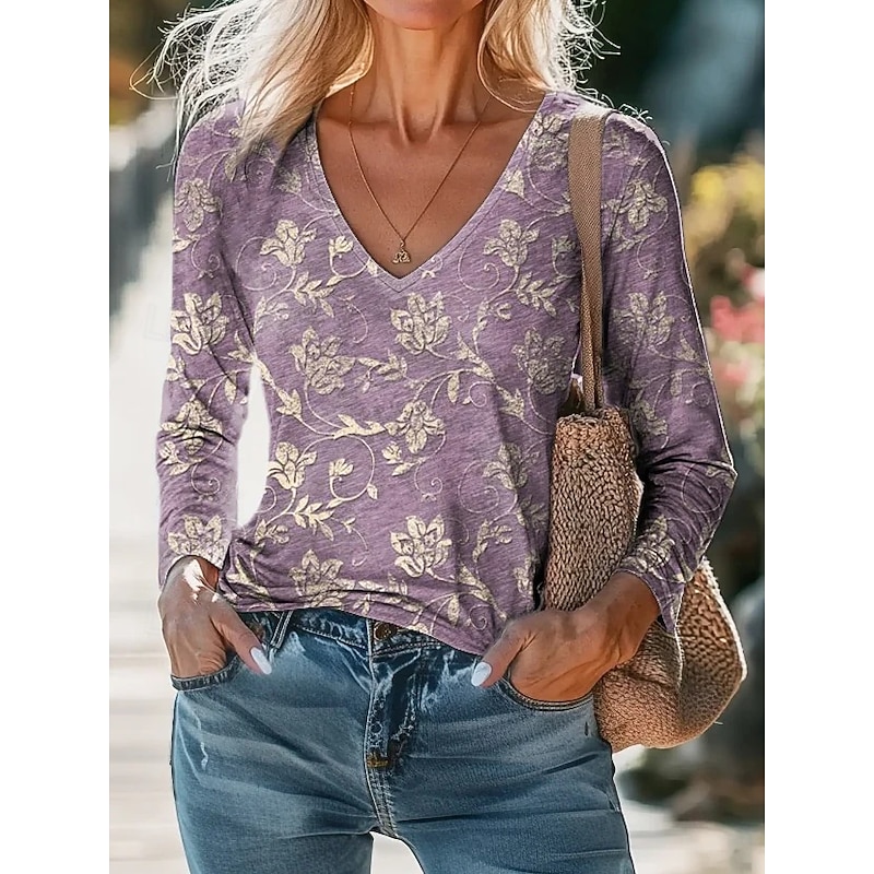 Women's Blouse Floral Bohemia Daily Long Sleeve V Neck Regular Tops Daily Holiday Print Black White Purple Green Apricot Summer Spring Fall2