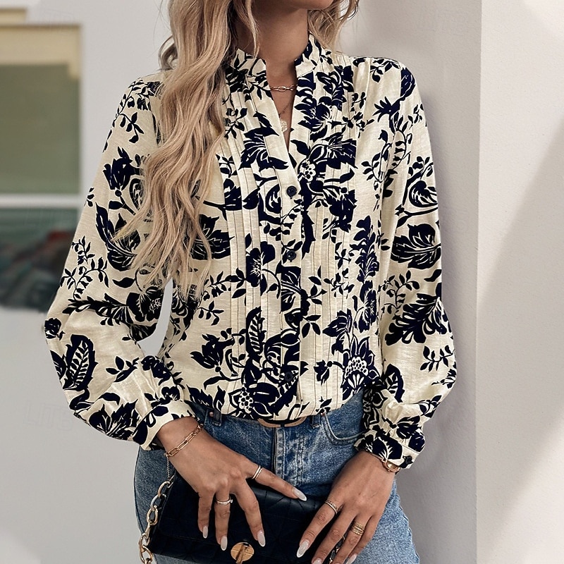 Women's Shirt Flower Daily Stylish Basic Long Sleeve High Neck Regular Tops Work Daily Holiday Buttons Navy Blue Spring Fall2