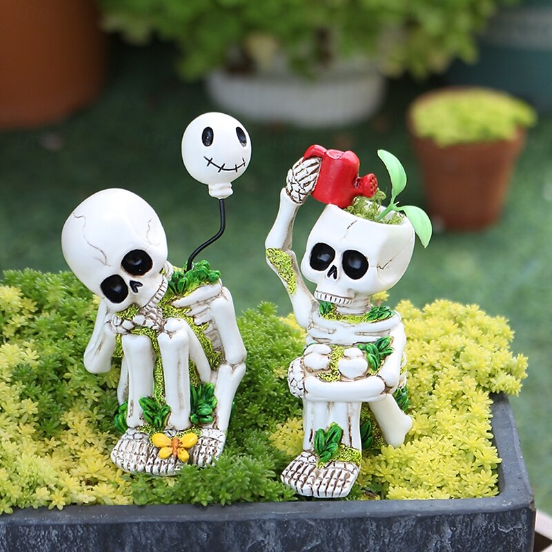 2PCS Halloween Creative Resin Thinking Skeleton Figurines Set, Spooky Outdoor Yard, Lawn, Planter, and Home Decorations