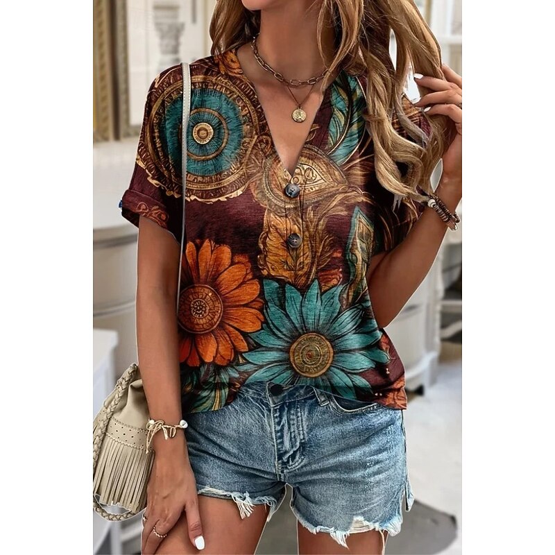 Women's T Shirt Floral Graphic Plants Vintage Stylish Classic Short Sleeve V Neck Notched Neck Regular Tops Daily Going out Weekend Print Red Light Brown Dark Green Green Dark Gray Summer Spring3