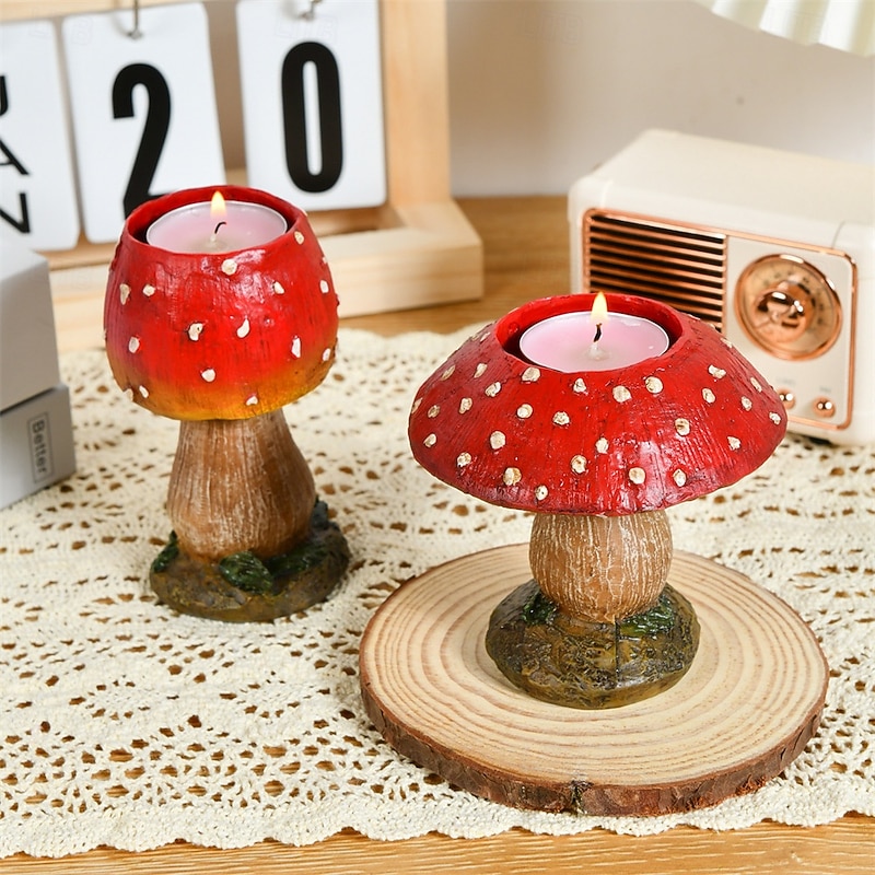 2pcs/set Candle Holders Realistic Mushroom Design Red Toadstool Candle Stand Creative Home Decor Resin Ornament Decorative Tabletop Art Craft Display Piece2