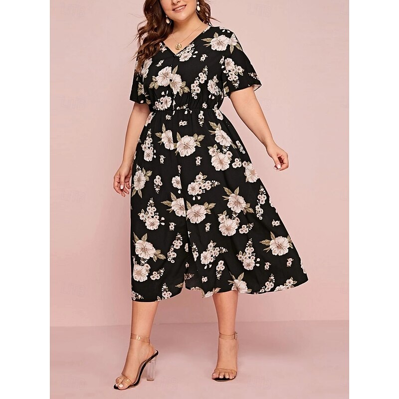 Women's Plus Size Casual Dress Floral V Neck Short Sleeve Summer Spring Elegant Fashion Modern Casual Midi Dress Daily Holiday Dress4