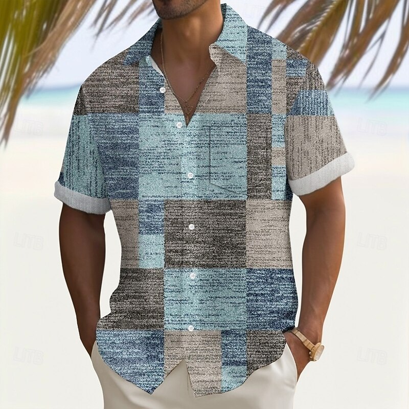 Men's Geometric Color Block Shirt Summer Shirt Button Up Shirt Short Sleeve Fashion Casual Vacation Holiday Streetwear Summer Turndown 3D Print Front One Pocket Linen Like Shirt Blue Khaki