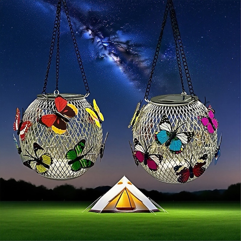 Solar Butterfly Lanterns Landscape Pendant Light Iron Hollow Lantern Decorative Light Mesh Light Lawn Wind Light Lantern  1PC3